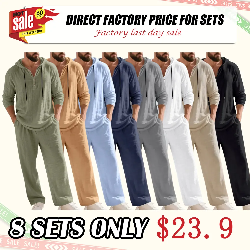 Men's fashionable linen hooded two-piece set, casual vacation style