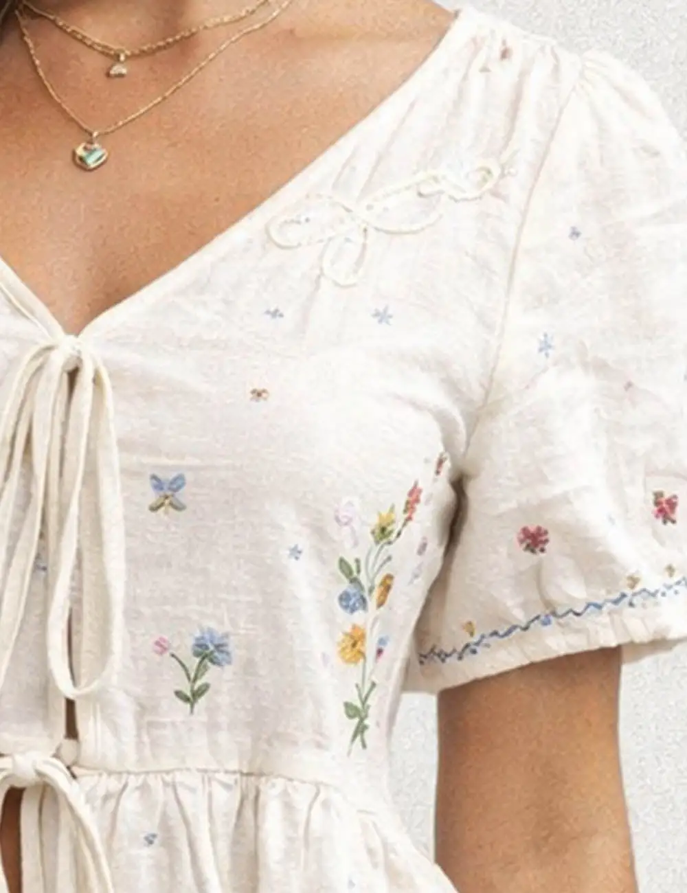 Boho Embroidery Short Sleeves Blouse Skirt Set