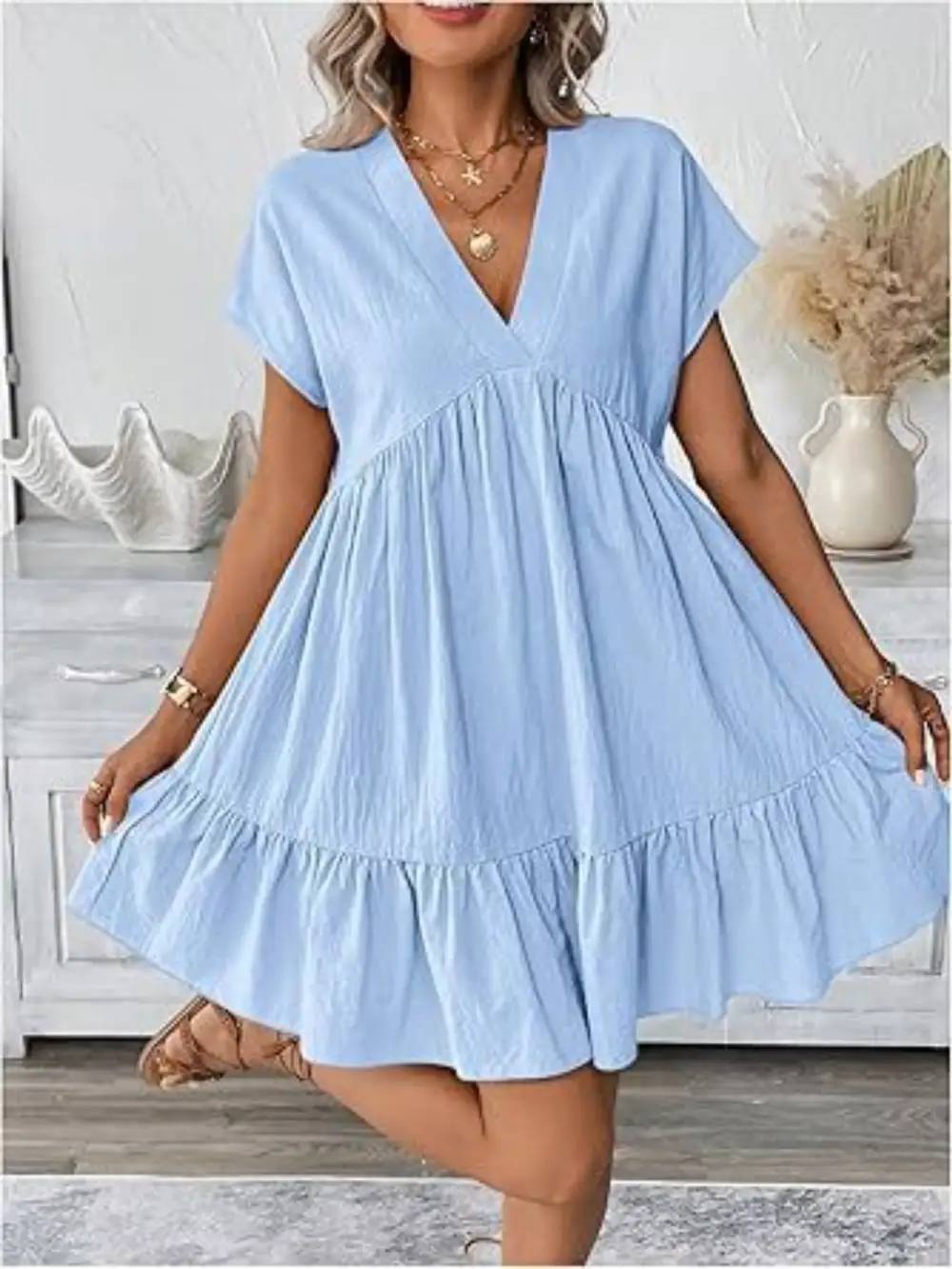 Comfort Fit V Neck Ruffle Mini Dress