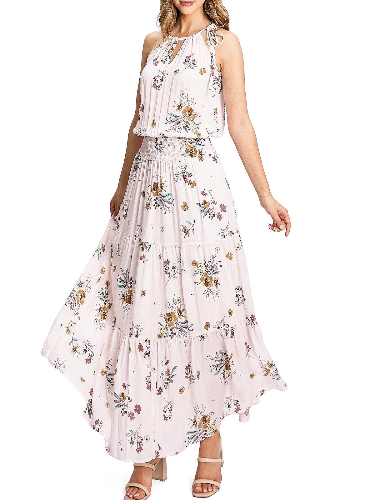 Light Blue Floral Halter Maxi Dress
