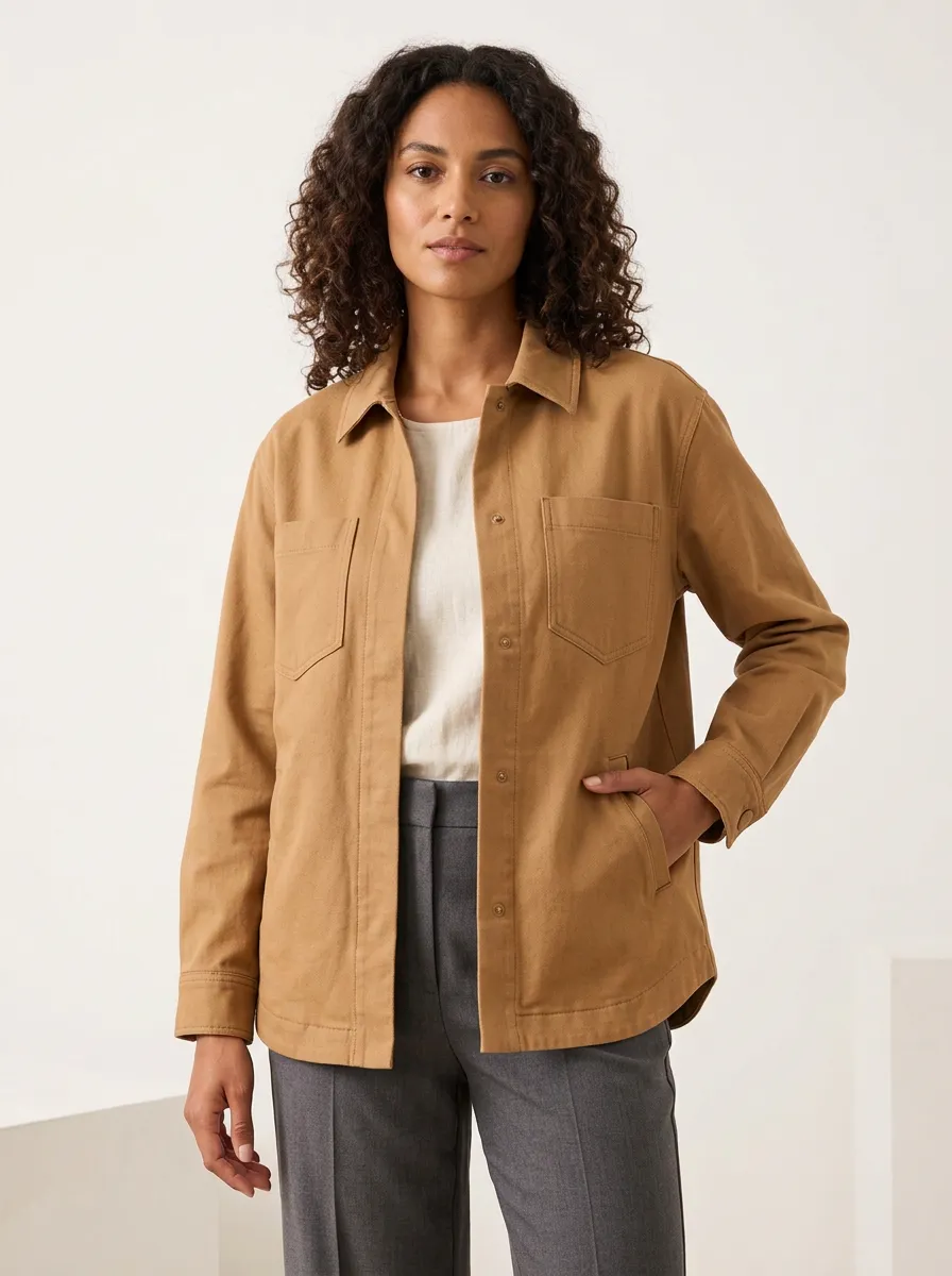 Women's Casual Minimalist Tan Button-Up Utility Jacket