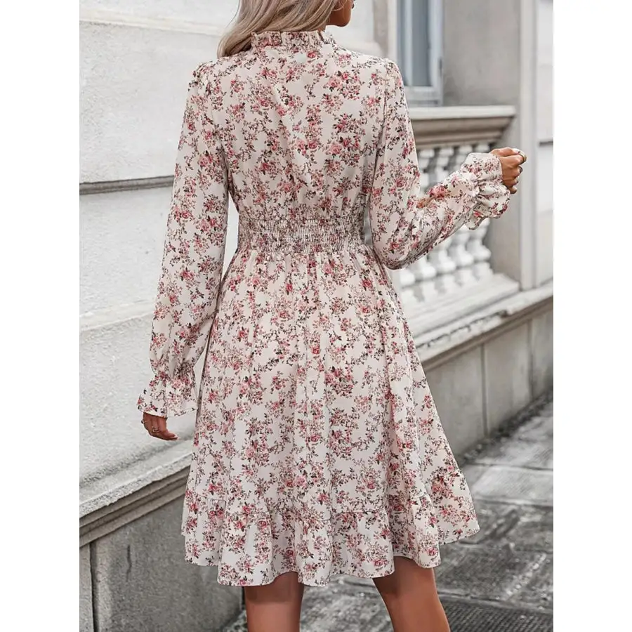 Ruffle Hem Floral Surplice Long Sleeve Dress