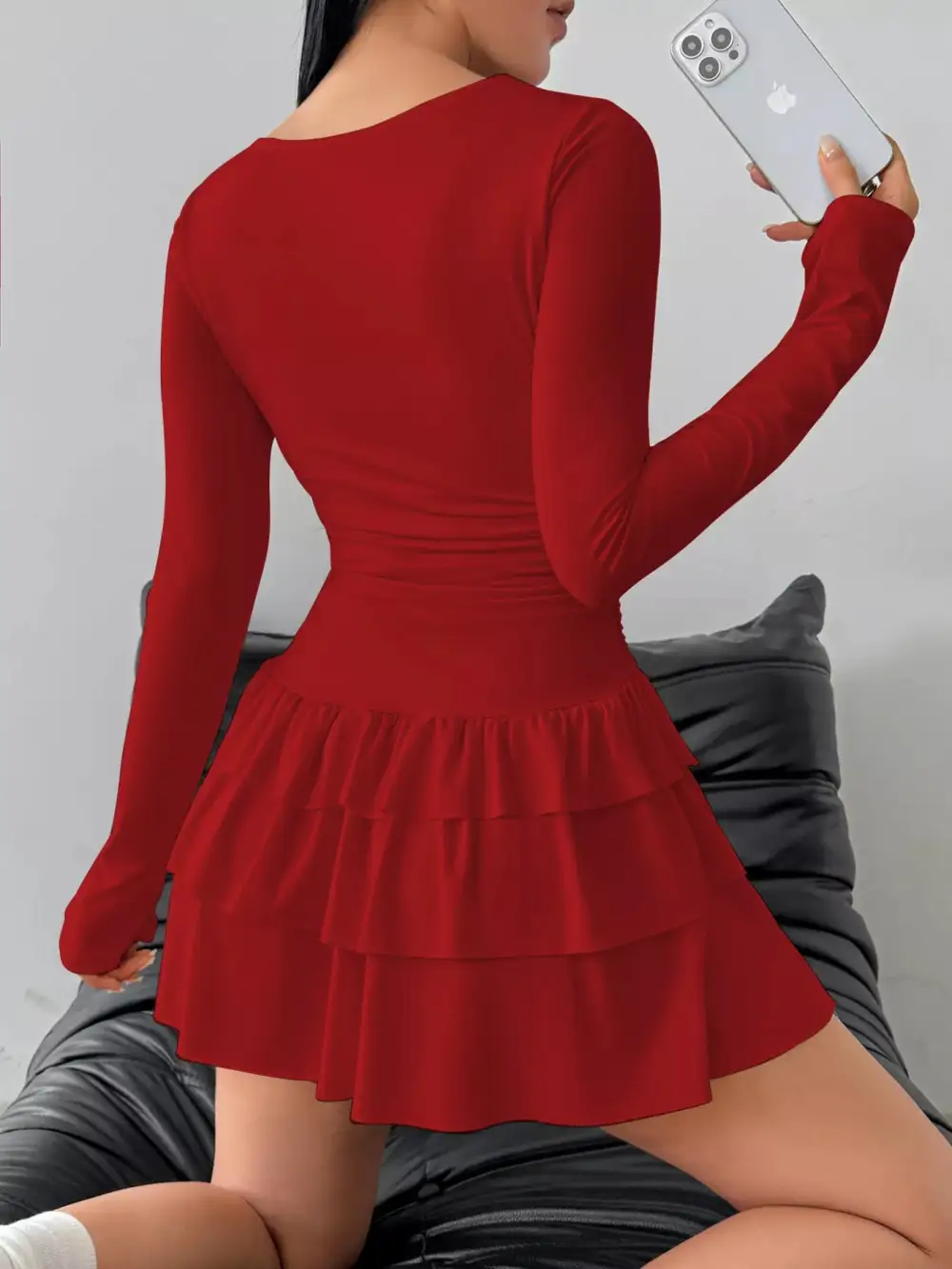Ruched Long Sleeve Layered Ruffle Mini Dress