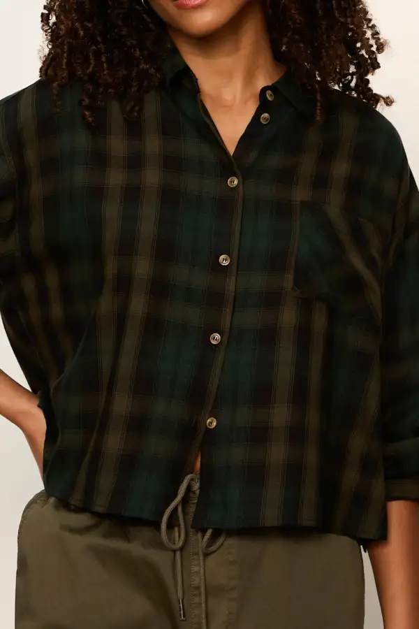 Plaid Button Front Collared Cropped Shirt