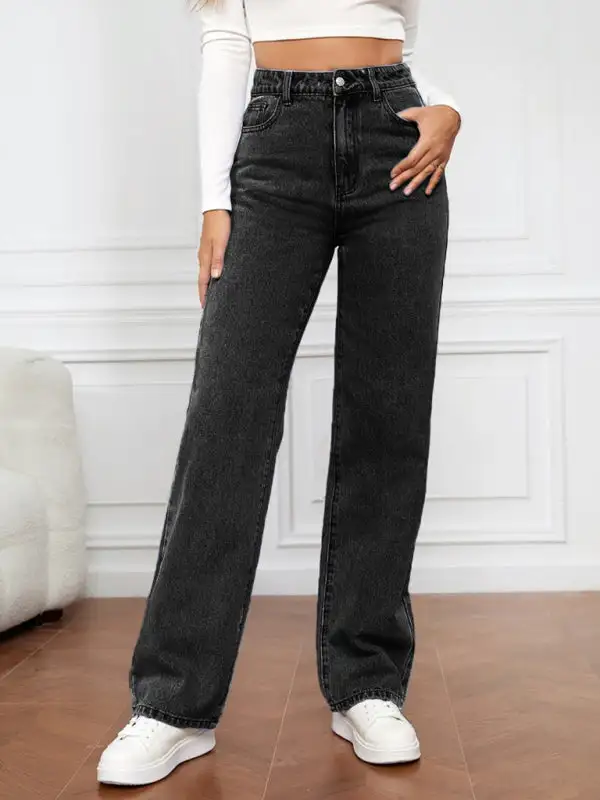 High Waist Straight Leg Washed Denim Jeans