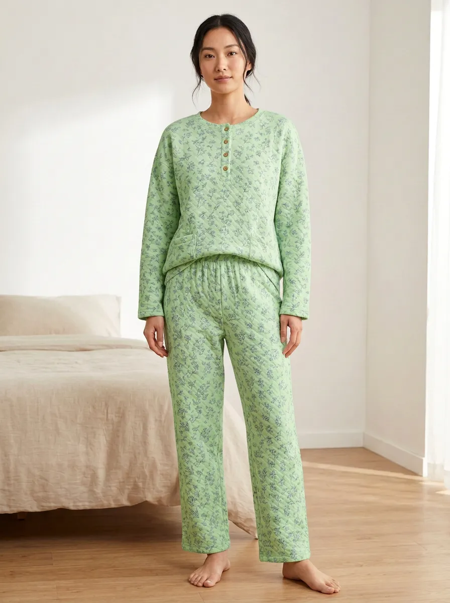 Women's Floral Quilted Henley Pull-On Lounge Set