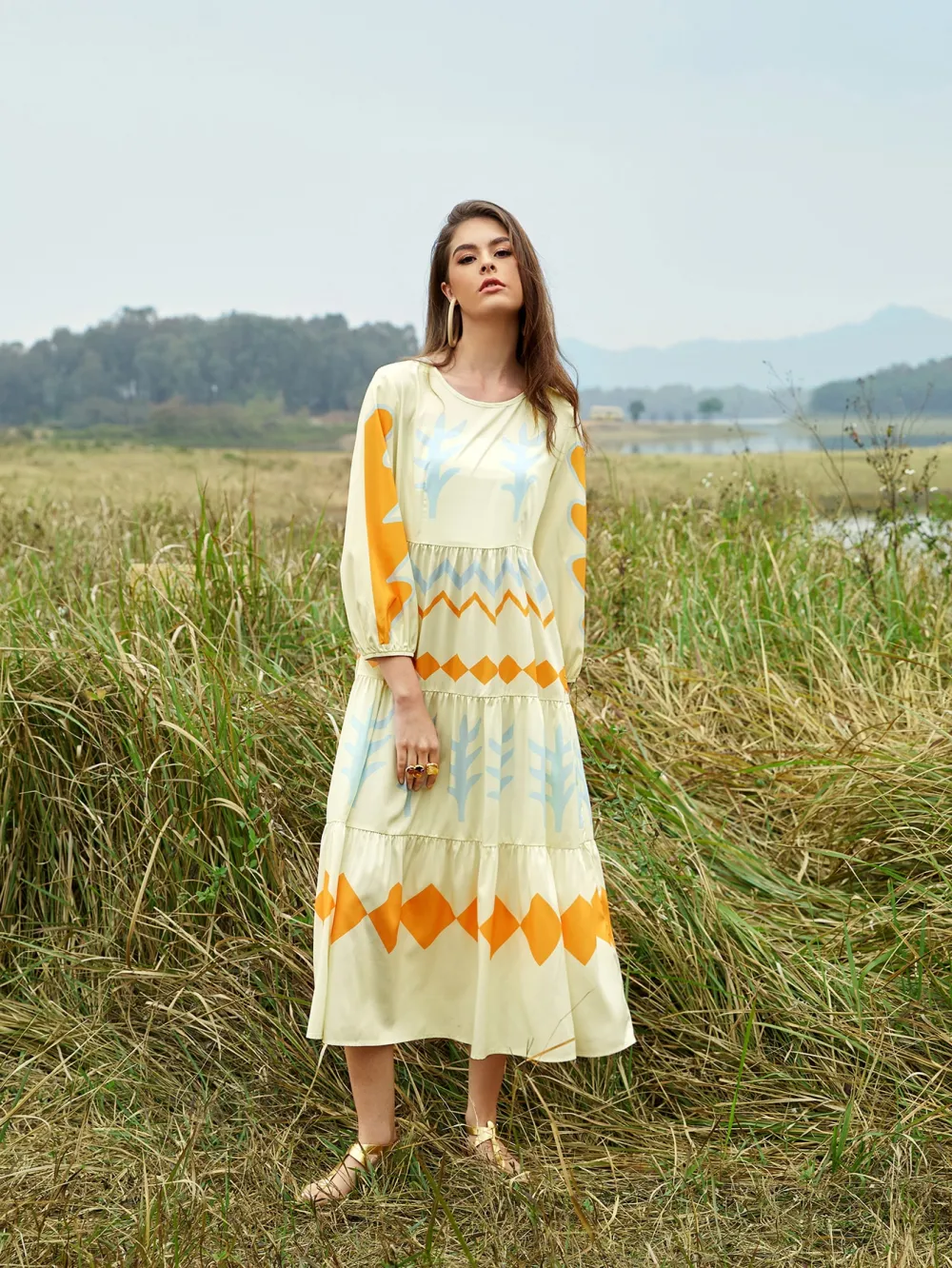 Geo Print Ruffle Hem Bishop Sleeve Dress