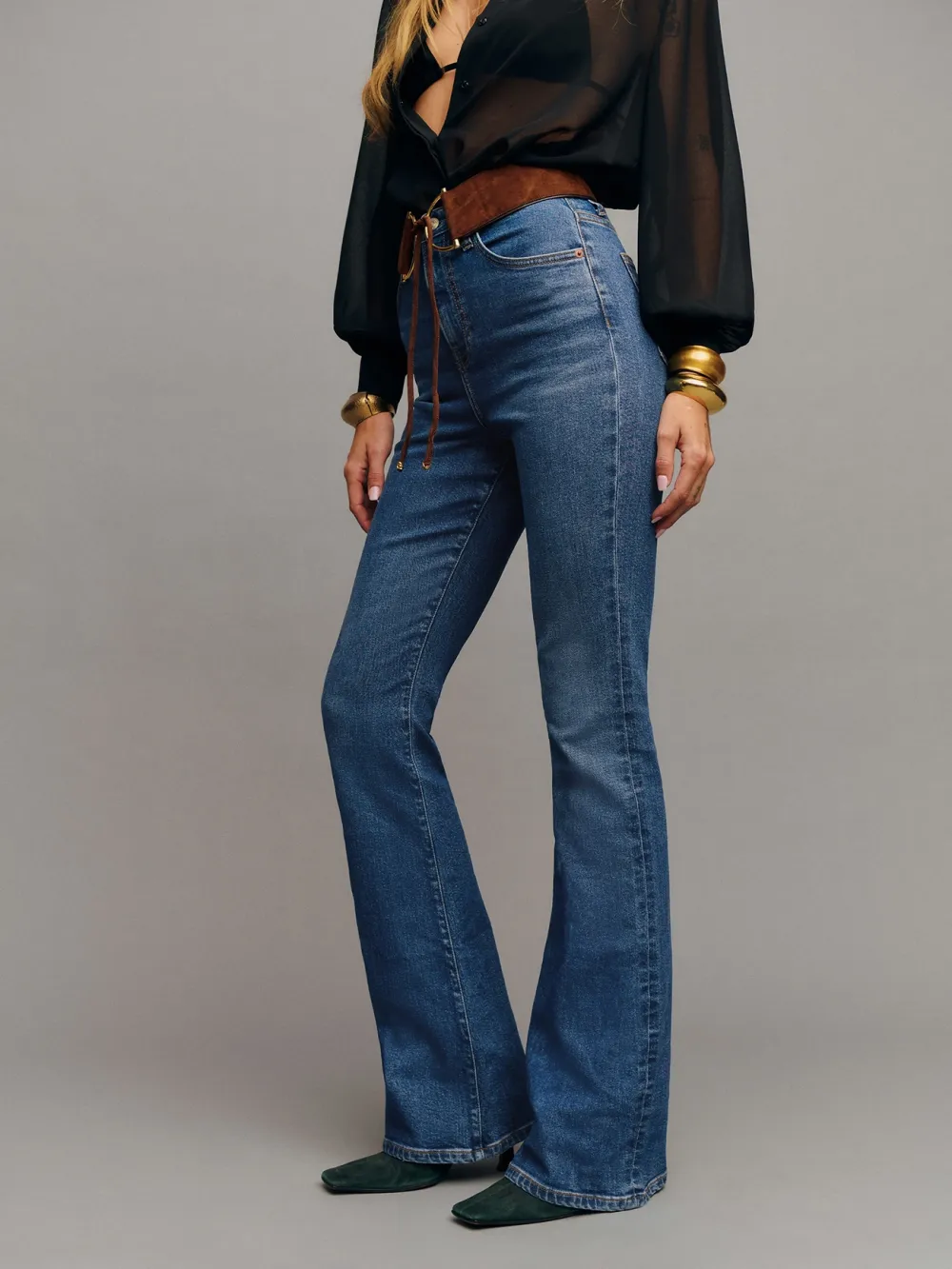 Flared Hem Mid Rise Jeans