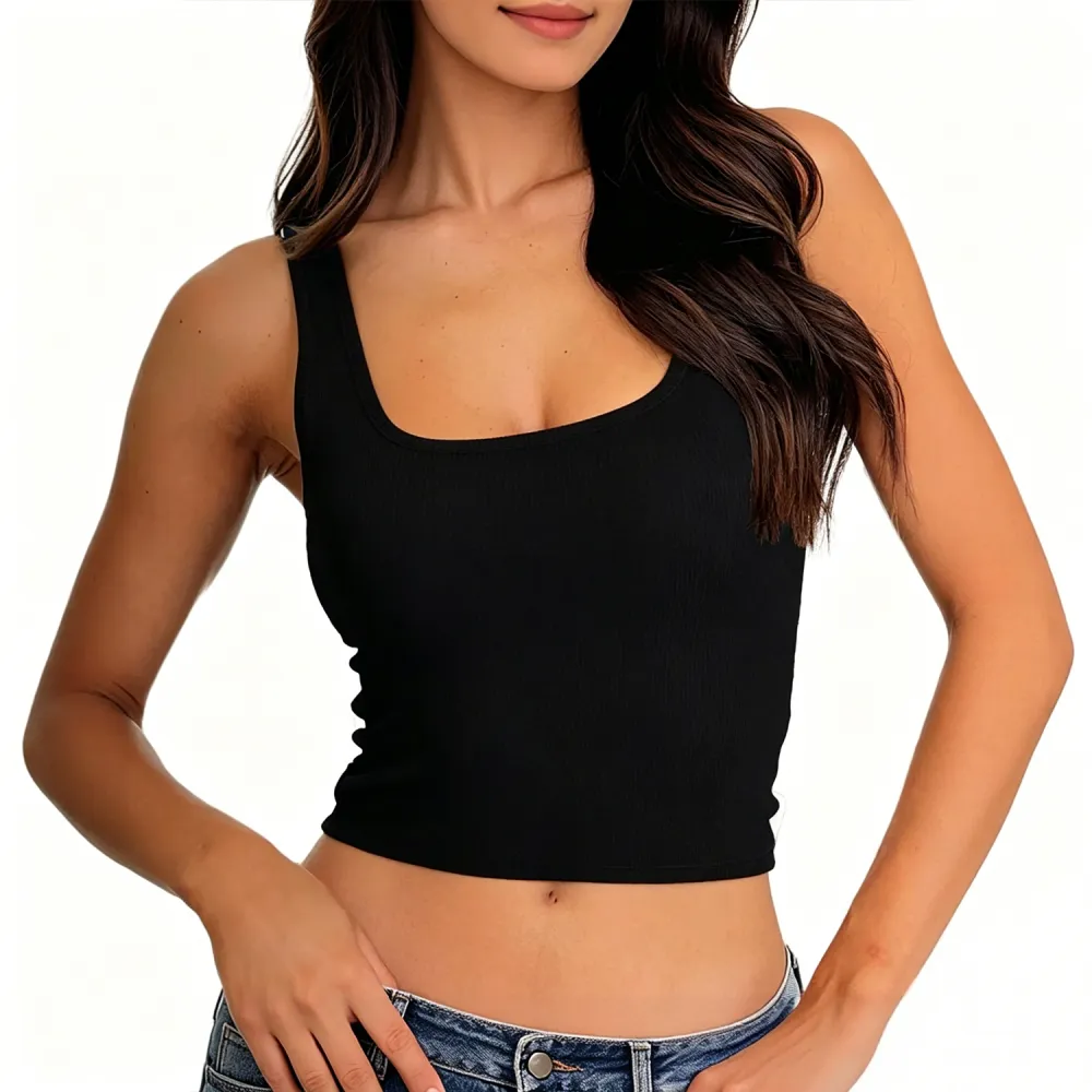 Women Rib Tank Top Padded Workout Top Square Neck Crop Tank