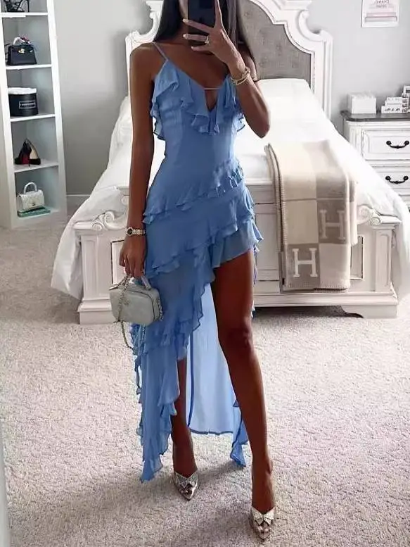 Irregular Ruffle Suspender Midi Dress