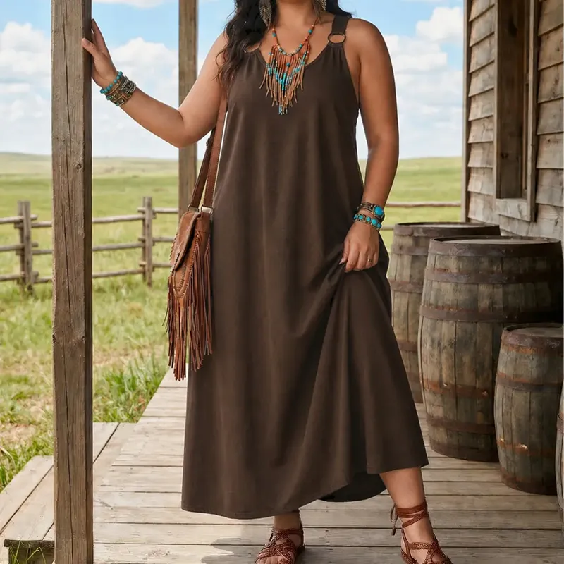 Women’s Sleeveless Denim Maxi Dress with Adjustable Cross Back Straps