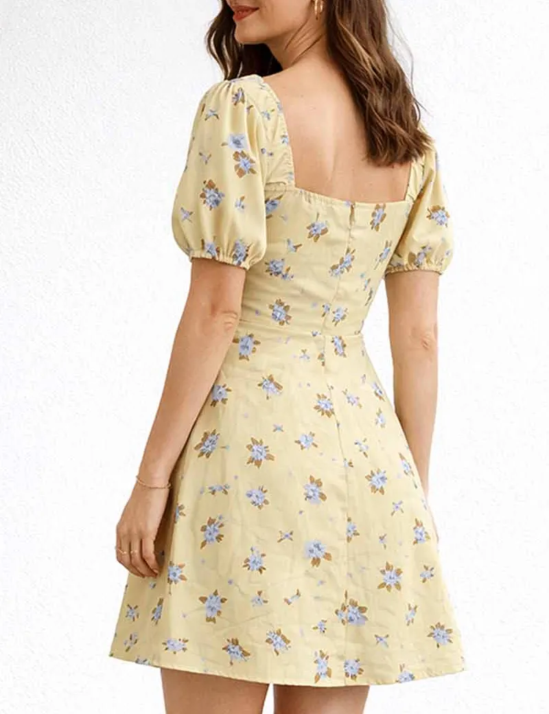 Square Neck Drawstring Short Sleeves Mini Dress