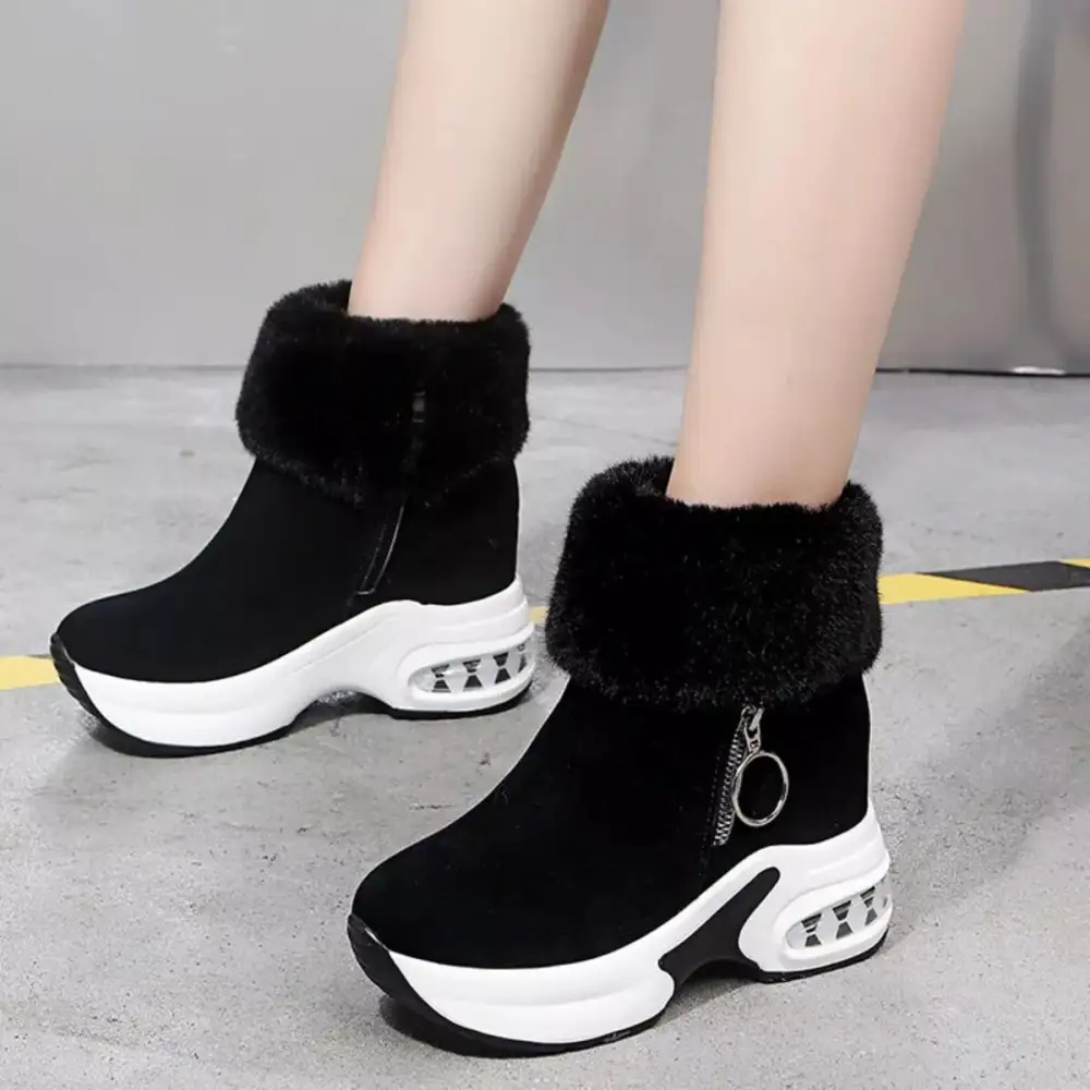 Fuzzy Side Zipper Platform Ankle Boots