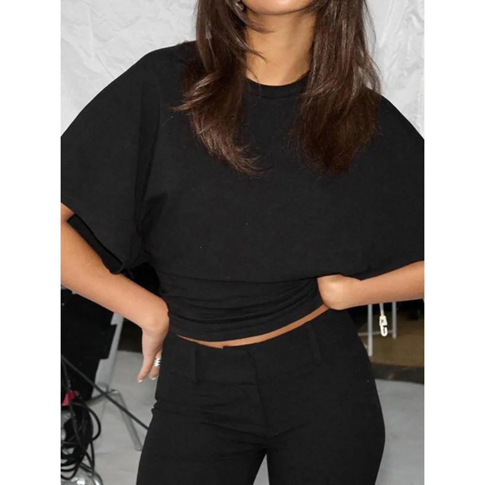 Women's Solid Color Crop Tee, Casual Half Sleeve Round Neck T-shirt
