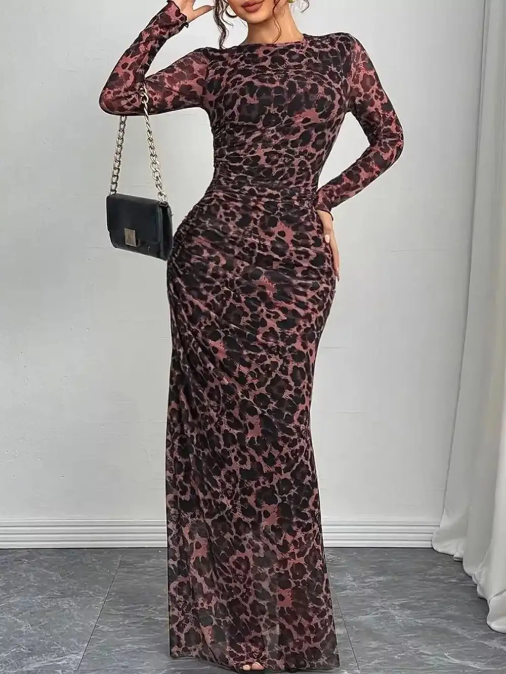 Animal Print Ruched Maxi Dress