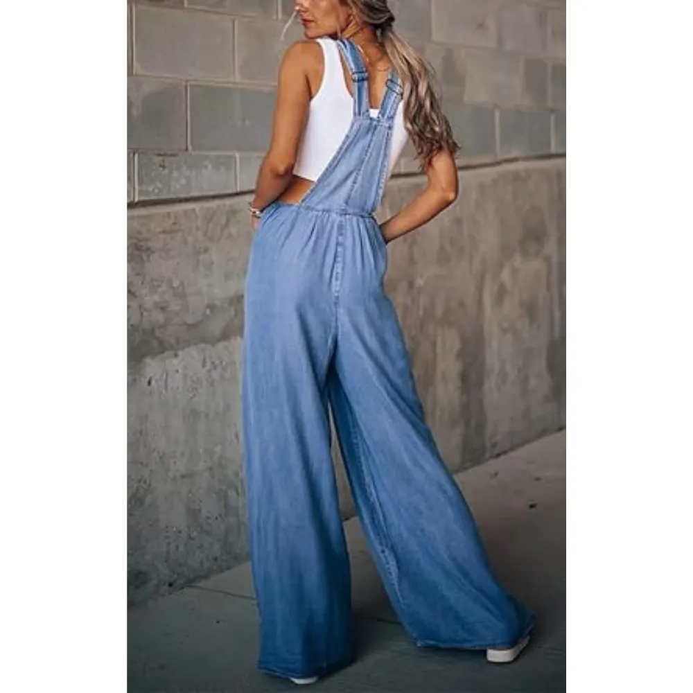 Women's Denim-Effect Print Plicated Wide Leg Overalls Jumpsuit
