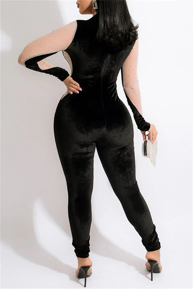 Fashion Sexy Patchwork Hot Drilling See-through Half A Turtleneck Skinny Jumpsuits