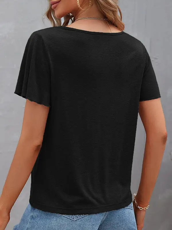 Relaxed Curve Fit Cutout Panel Detail V-Neck Polyester T-Shirt