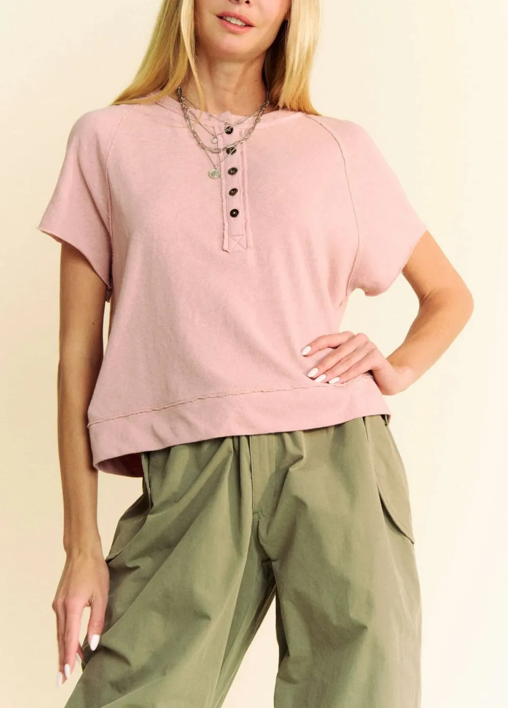 Short-Sleeve Button-Detail Ribbed Cropped T-Shirt
