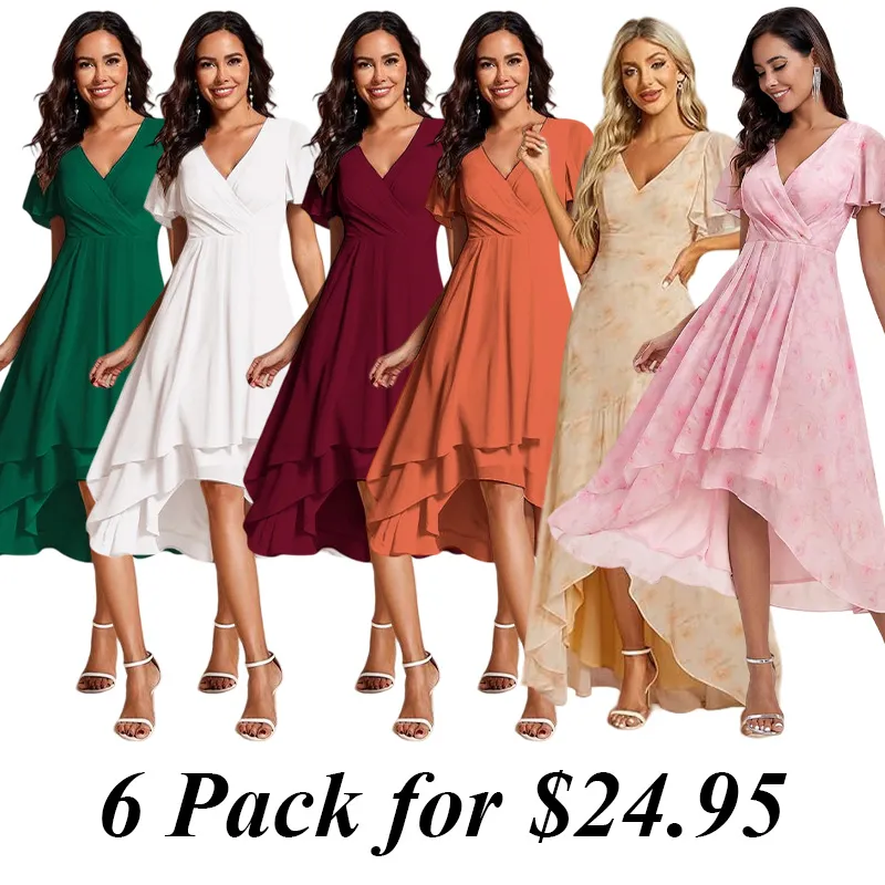 6PACK-Ruffles Sleeve Pleated V-Neck A-Line Midi Chiffon Wedding Guest Dress