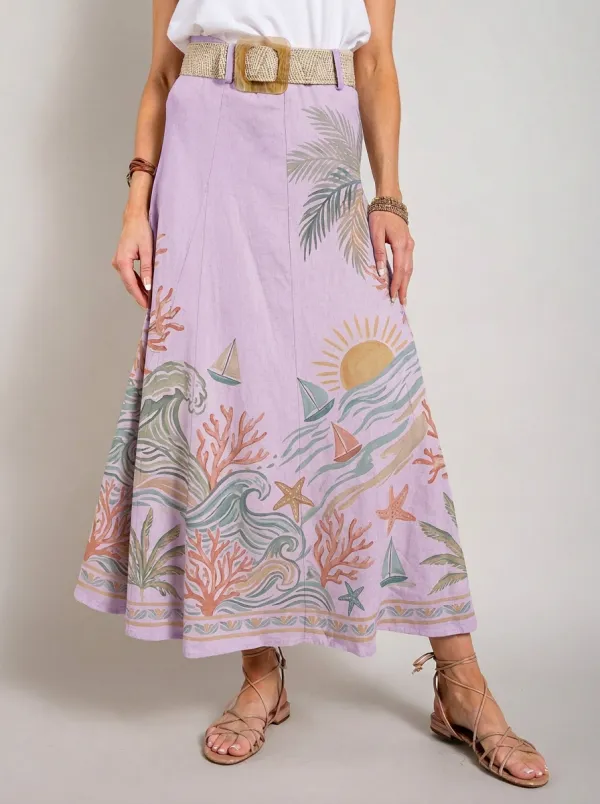 Women's Beach Vacation Tropical Ocean Printed Midi Skirt