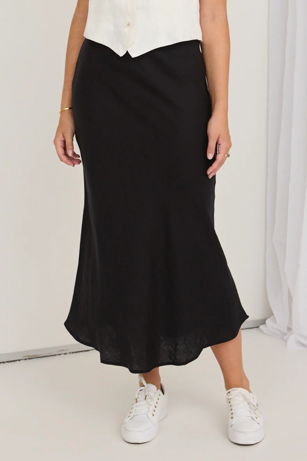 Black Linen Bias Cut Midi Skirt