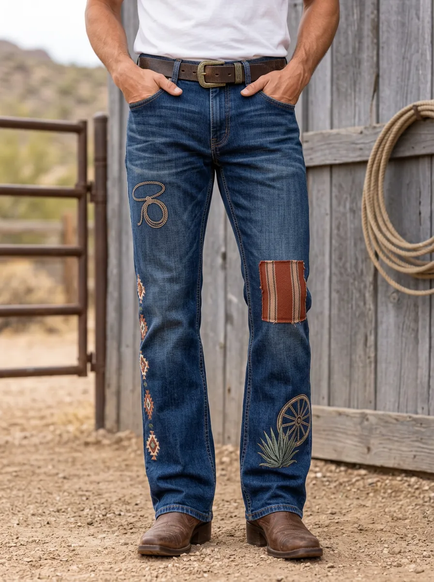 Men's Western Cowboy Lasso Aztec Patch Printed Jeans