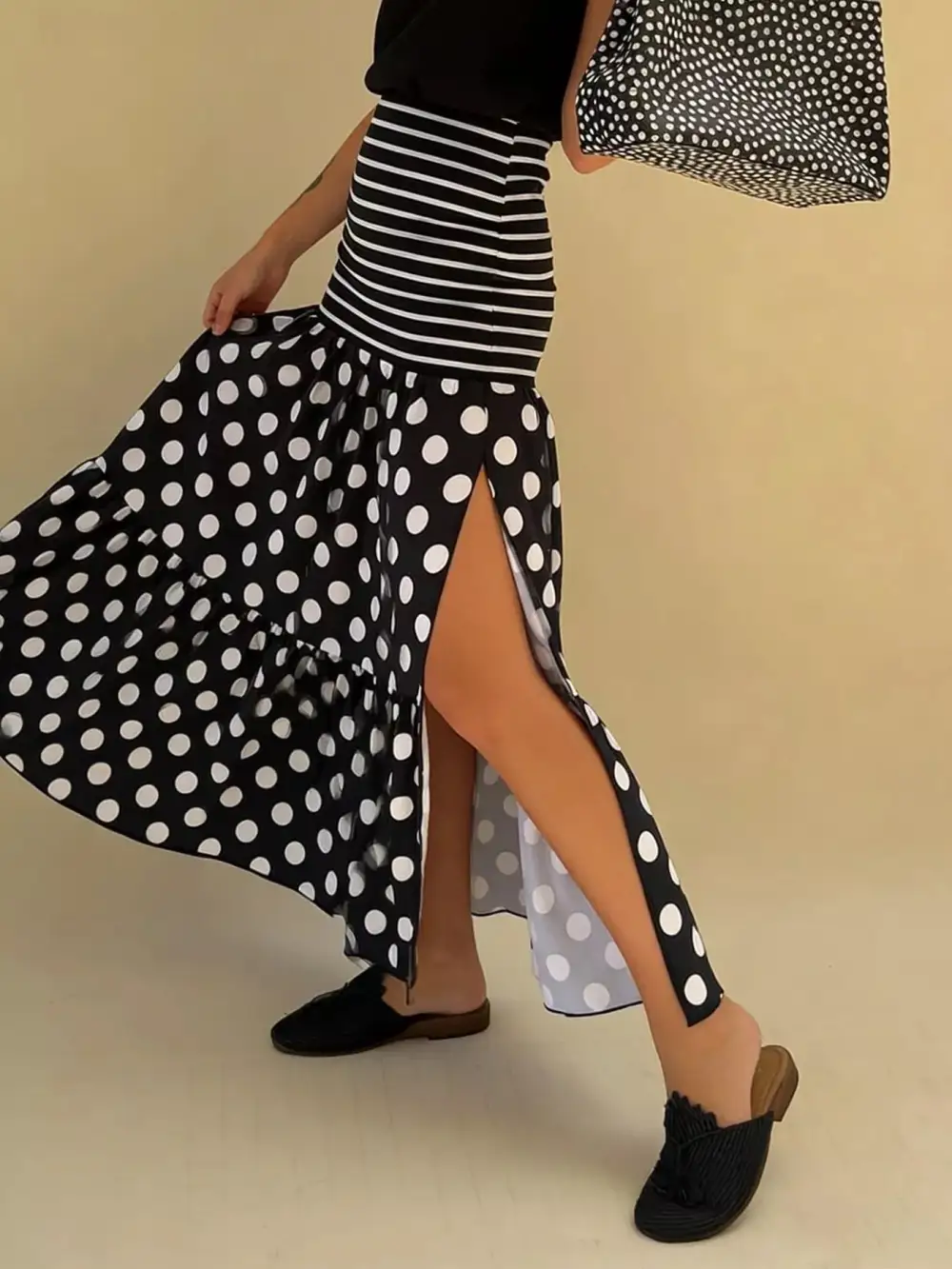 Polka Dot Striped Slit Maxi Skirt