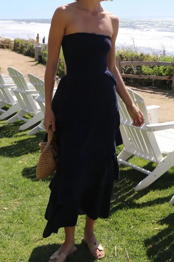 Navy Strapless Tiered Gauze Dress