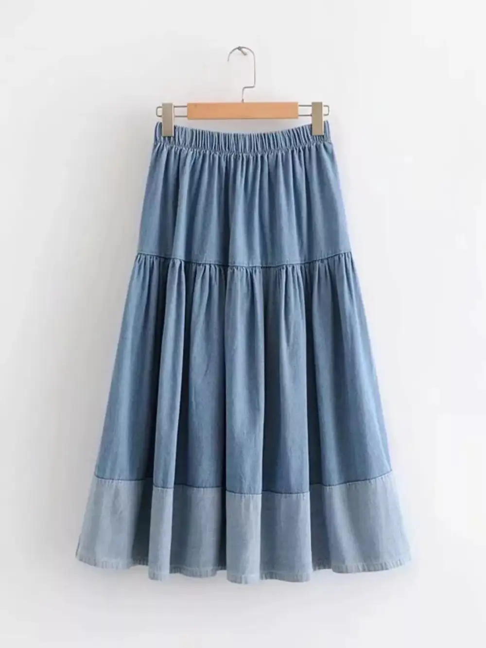 Tiered Denim Midi Skirt