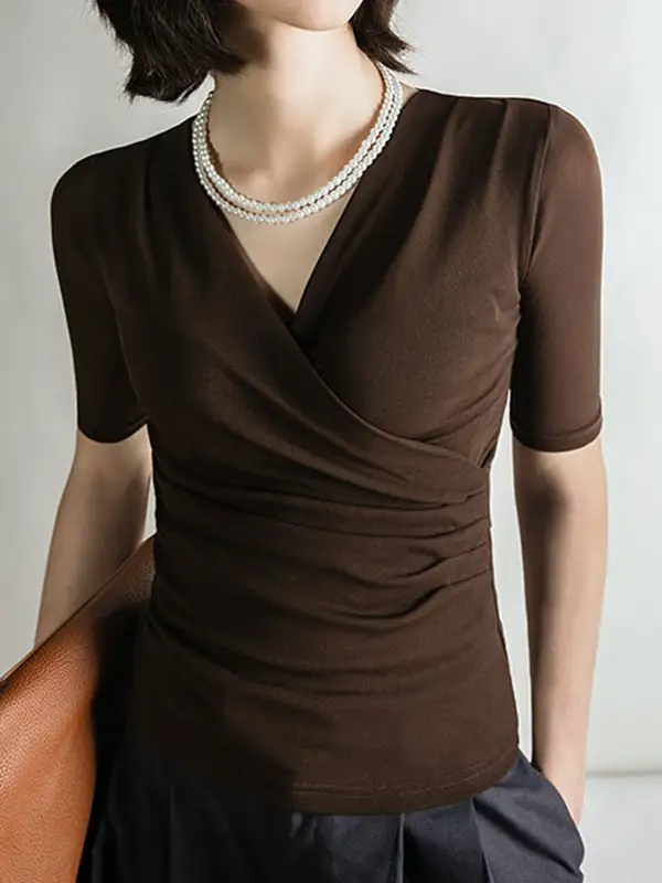 Half Sleeve Slim Fit Pleat Detail V-Neck T-Shirt