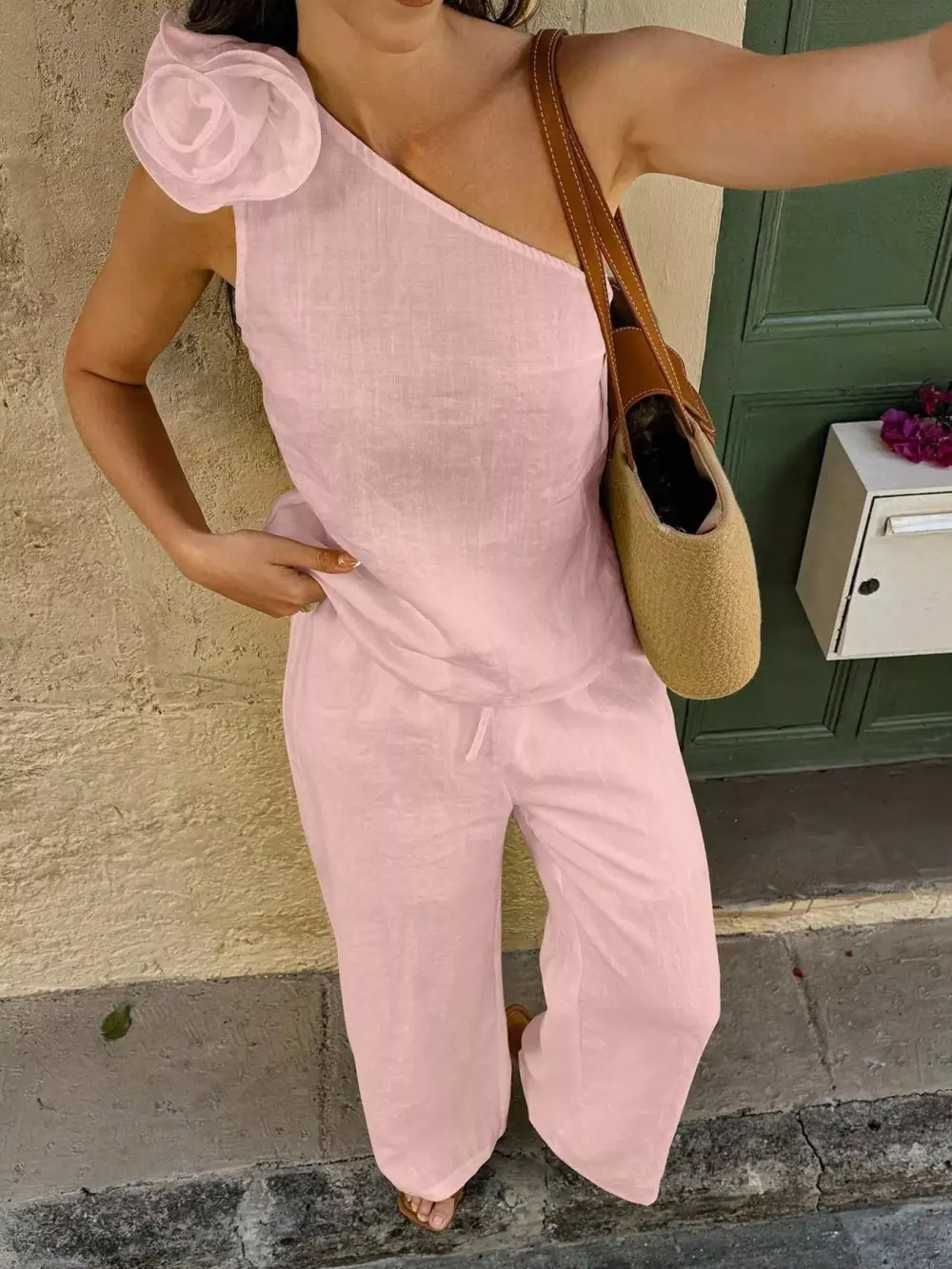 One-shoulder Embellished Top and Pants Set