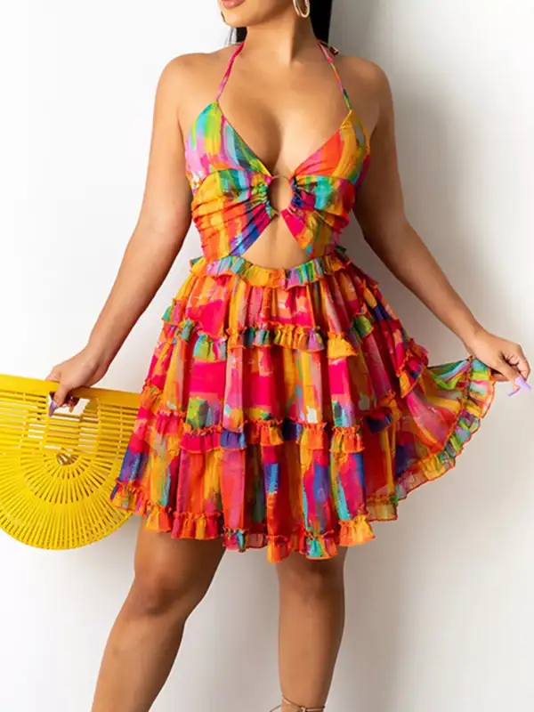 Clean Line Printed Ruffle Mini Dress