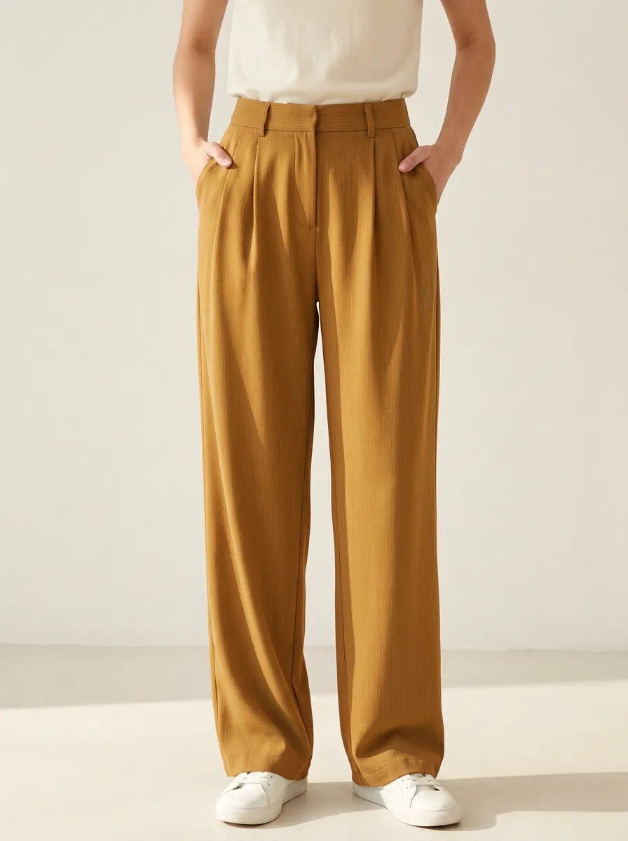 Women's Herringbone Pleated Wide-Leg Casual Pants