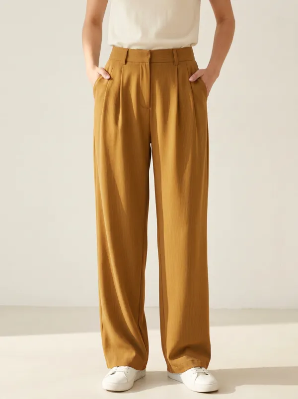 Women's Herringbone Pleated Wide-Leg Casual Pants