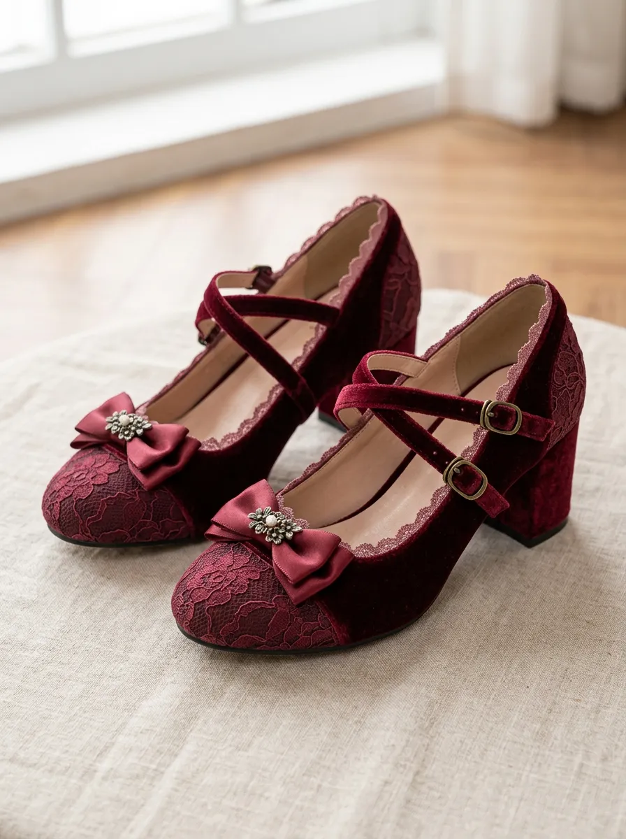 Mary Jane Lace Bow Velvet Women's Bavarian Occasion Heels