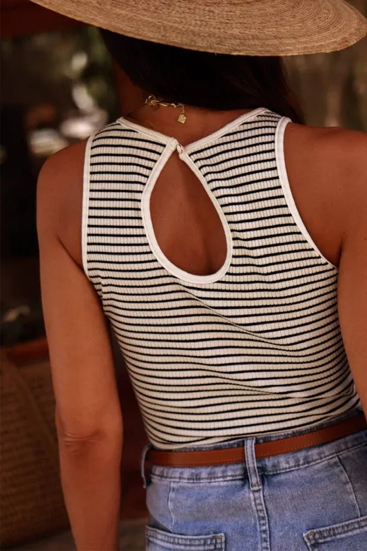 White Striped Ribbed Knit Sleeveless Top
