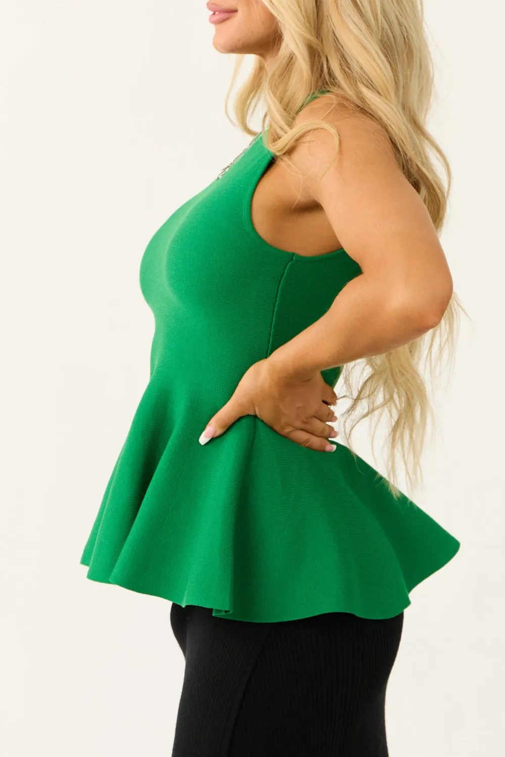 Green Peplum Ribbed Knit Tank Top