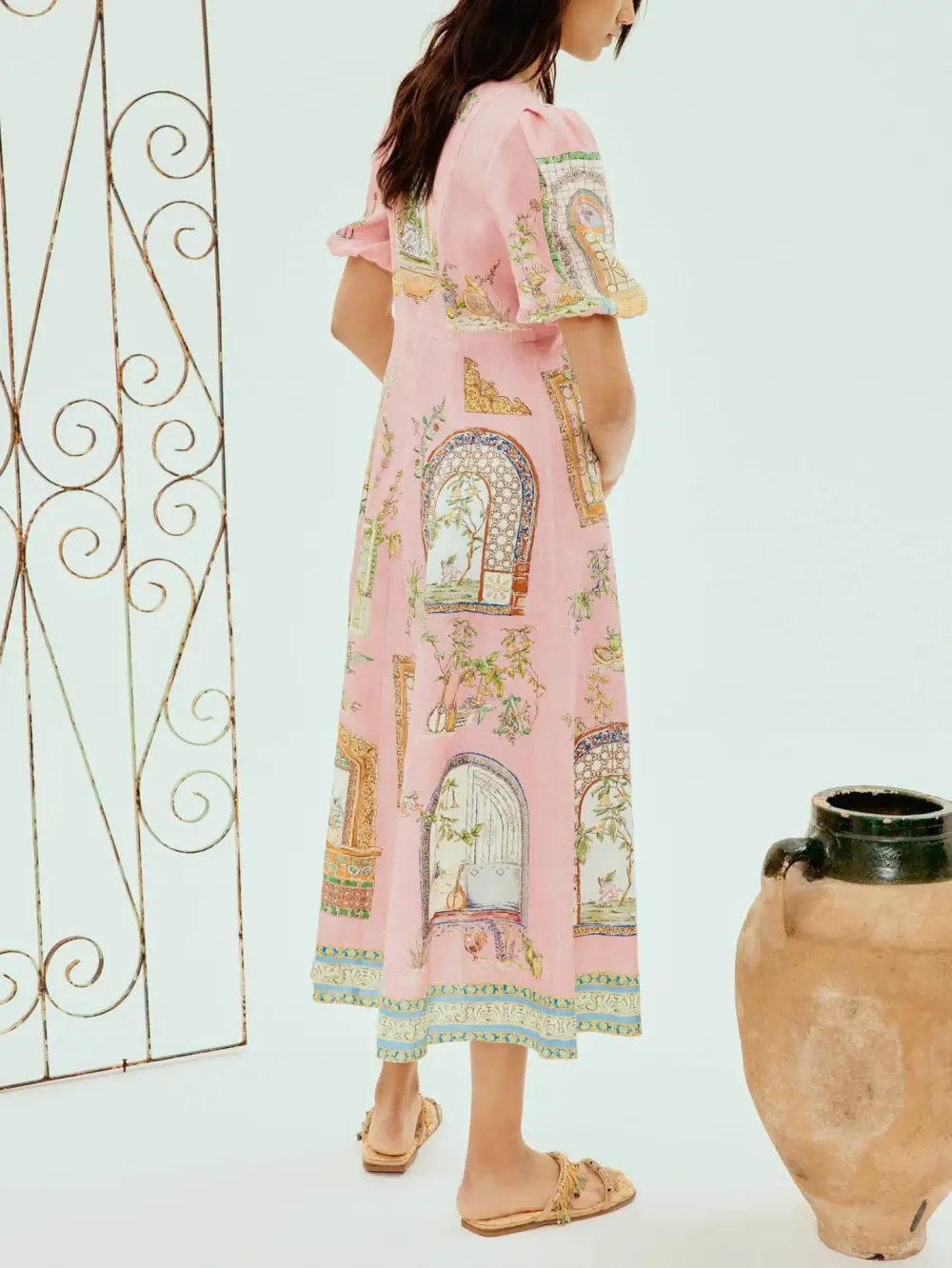 Garden Print Puff Sleeve Flared Midi Dress