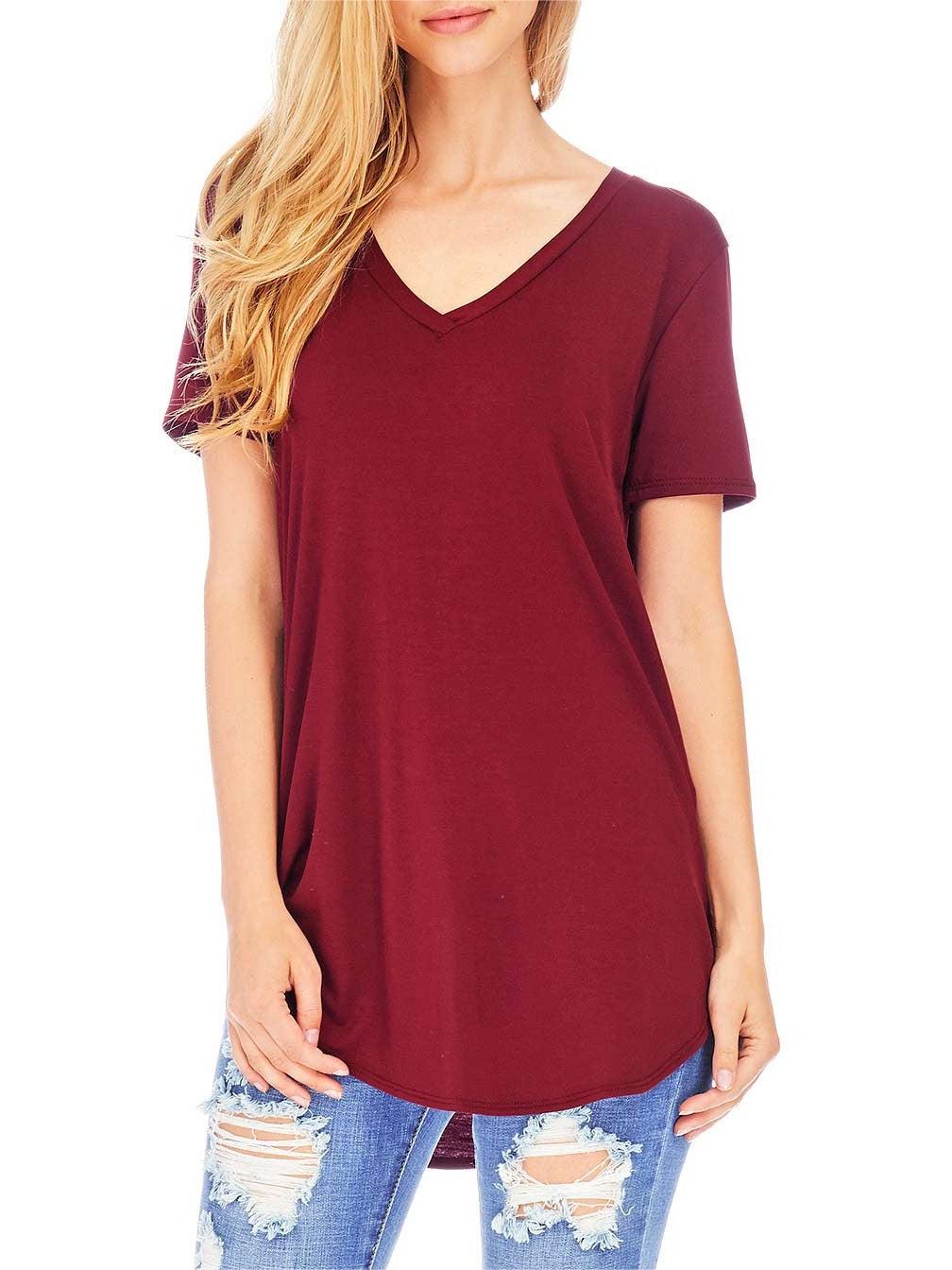 Burgundy Round - Hem V - Neck T - Shirt