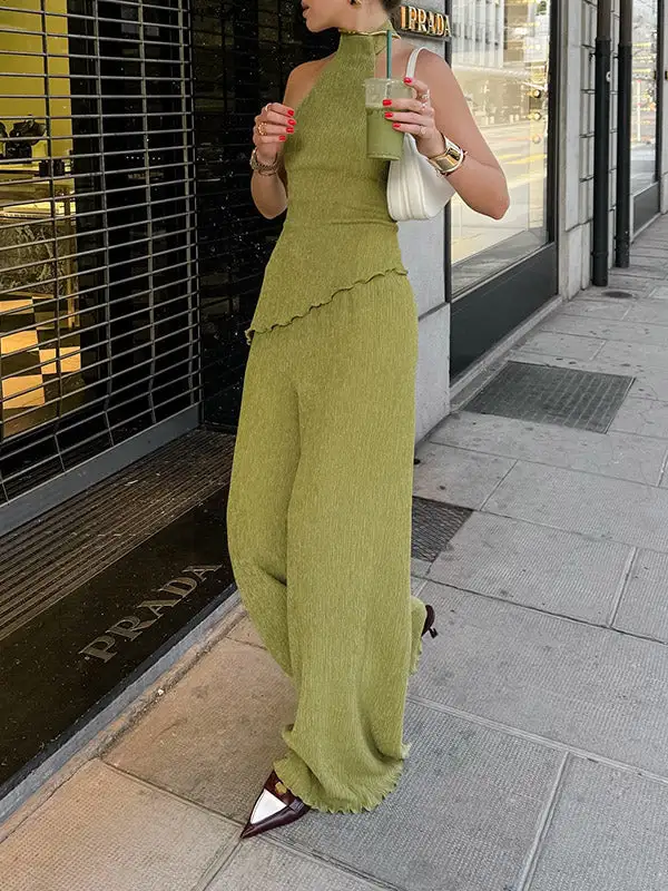 Pleated Sleeveless Vest And Pants Set