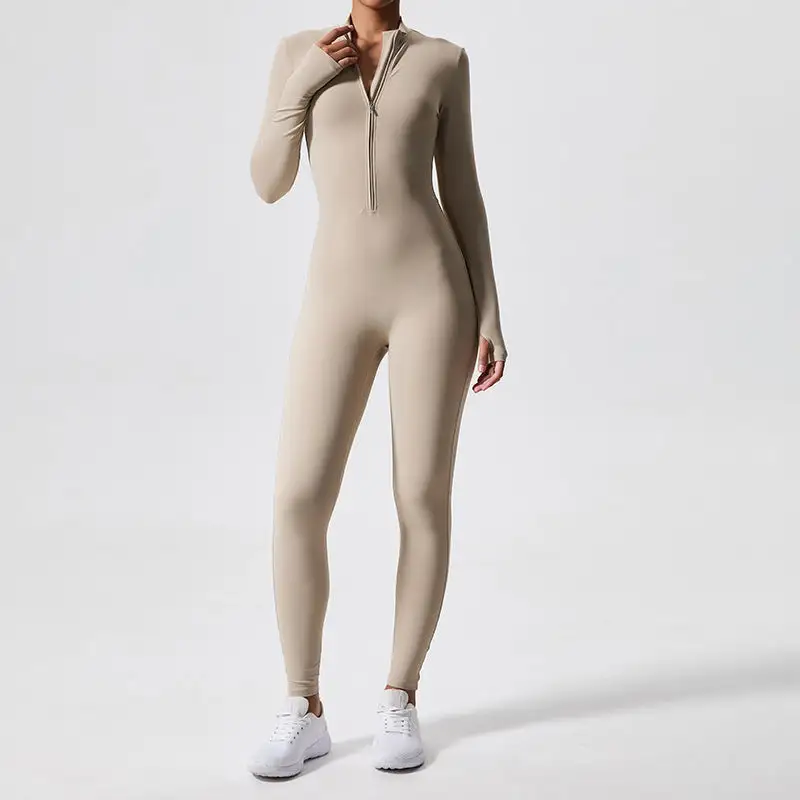 Athletic Zipper-Front Long-Sleeve Workout Jumpsuit