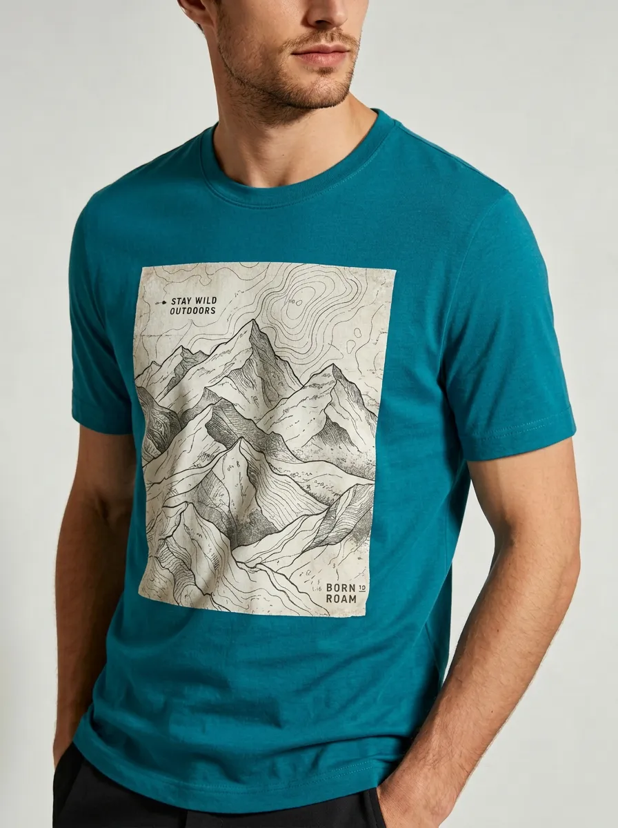 Men's Crewneck Summit Route Outdoor Adventure Mountain Topographic Graphic T-Shirt