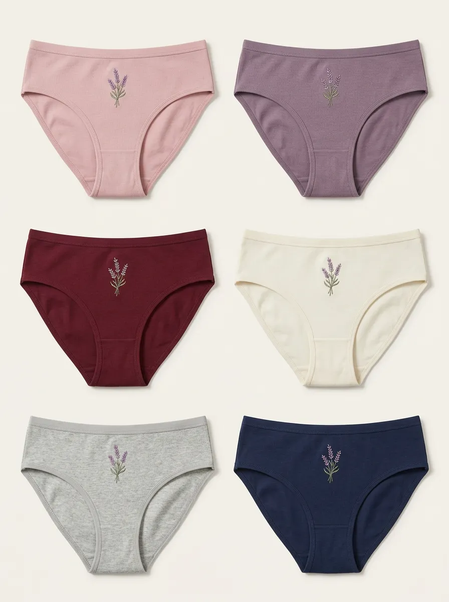 Women's Lavender Sprig Embroidered Bikini Brief Set