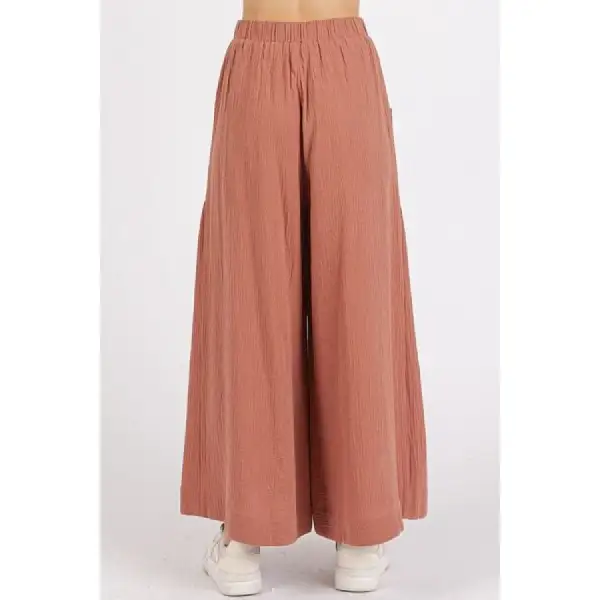 Gauze Elastic Waist Pleated Wide Leg Pants