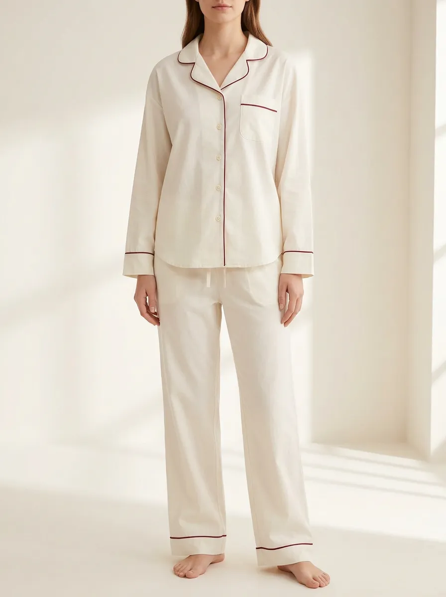 Women's Contrast-Placket Piped-Hem Pajama Set