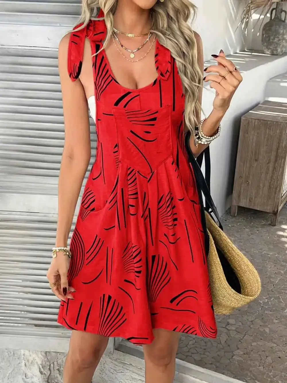Printed Tie Shoulder Overalls With Pockets