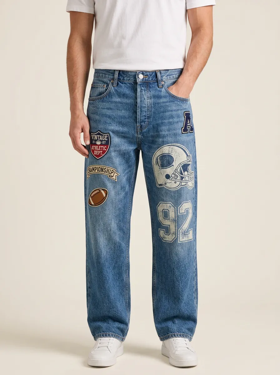 Men's American Football Fan Vintage Helmet Number 92 Printed Jeans