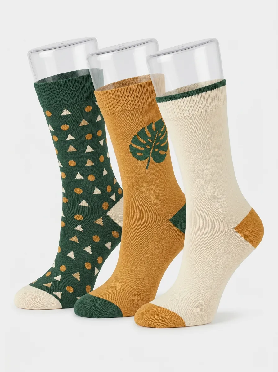 Geometric Botanical Women's Three-Pair Crew Socks