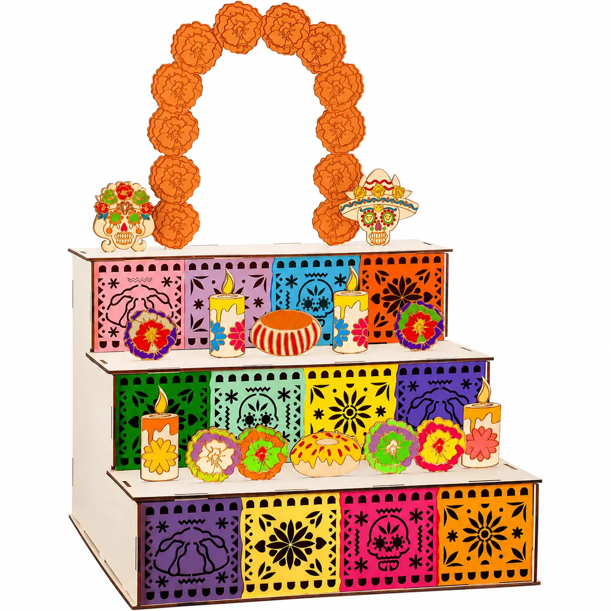 3-Tier Day of the Dead Wooden Altar Display Set - Colorful Cut-Out Panels